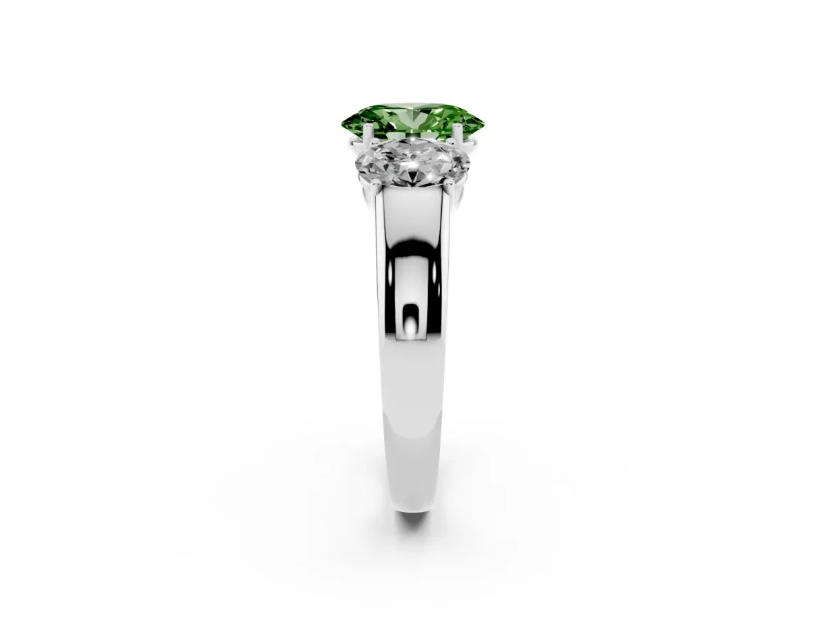 Fancy Green Three-Stone Oval Cut Cut Diamond Ring with Prong Setting and Classic Band Silver