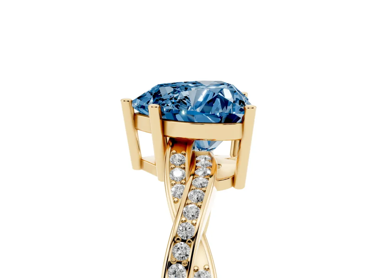 Fancy Blue Heart Cut Solitaire Twisted Pave Diamond Ring with Four-Prong Setting Yellow gold