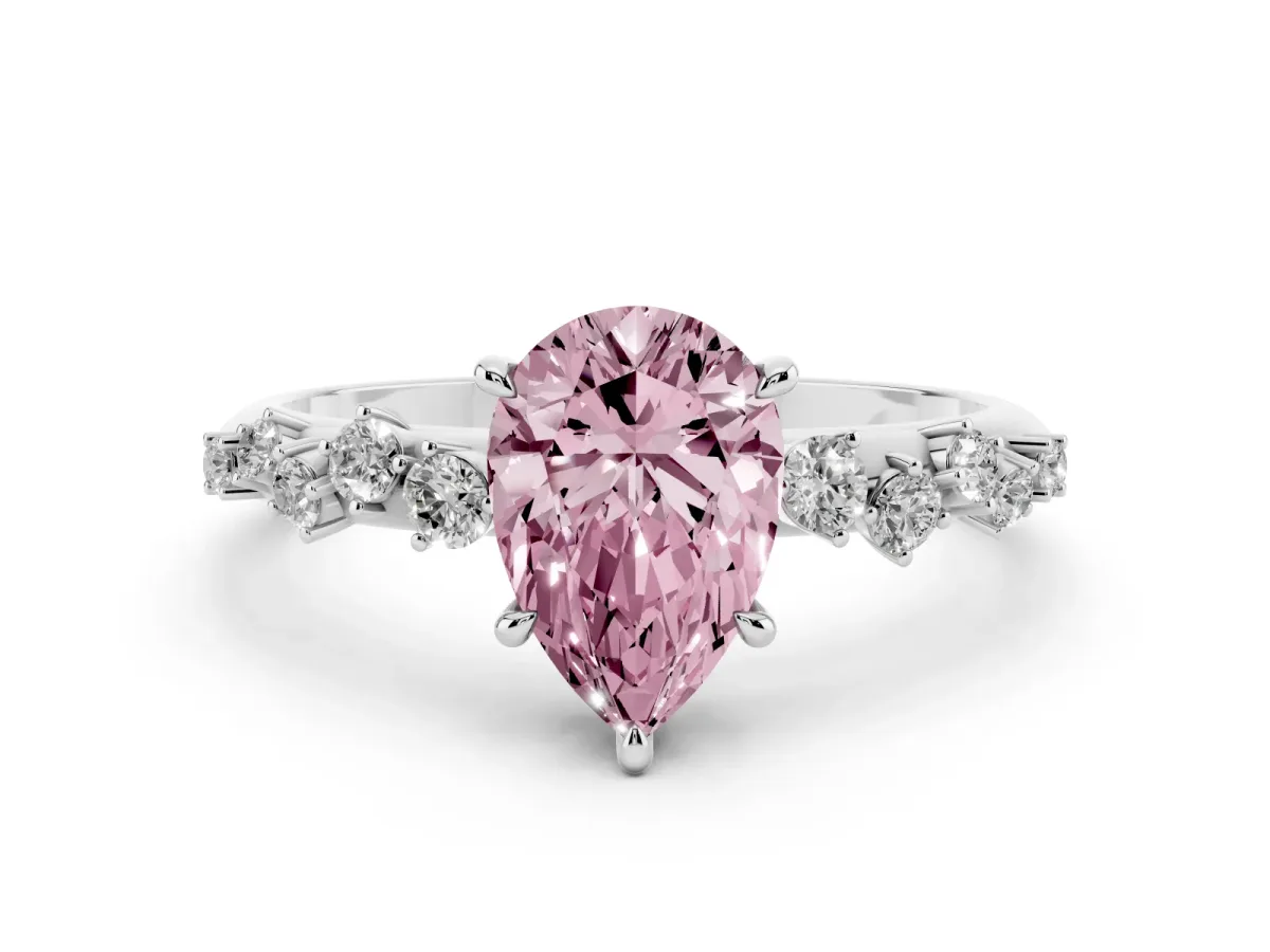 Fancy Pink Pear Cut Diamond Cluster Side Stone Solitaire Ring with Prong Setting Silver