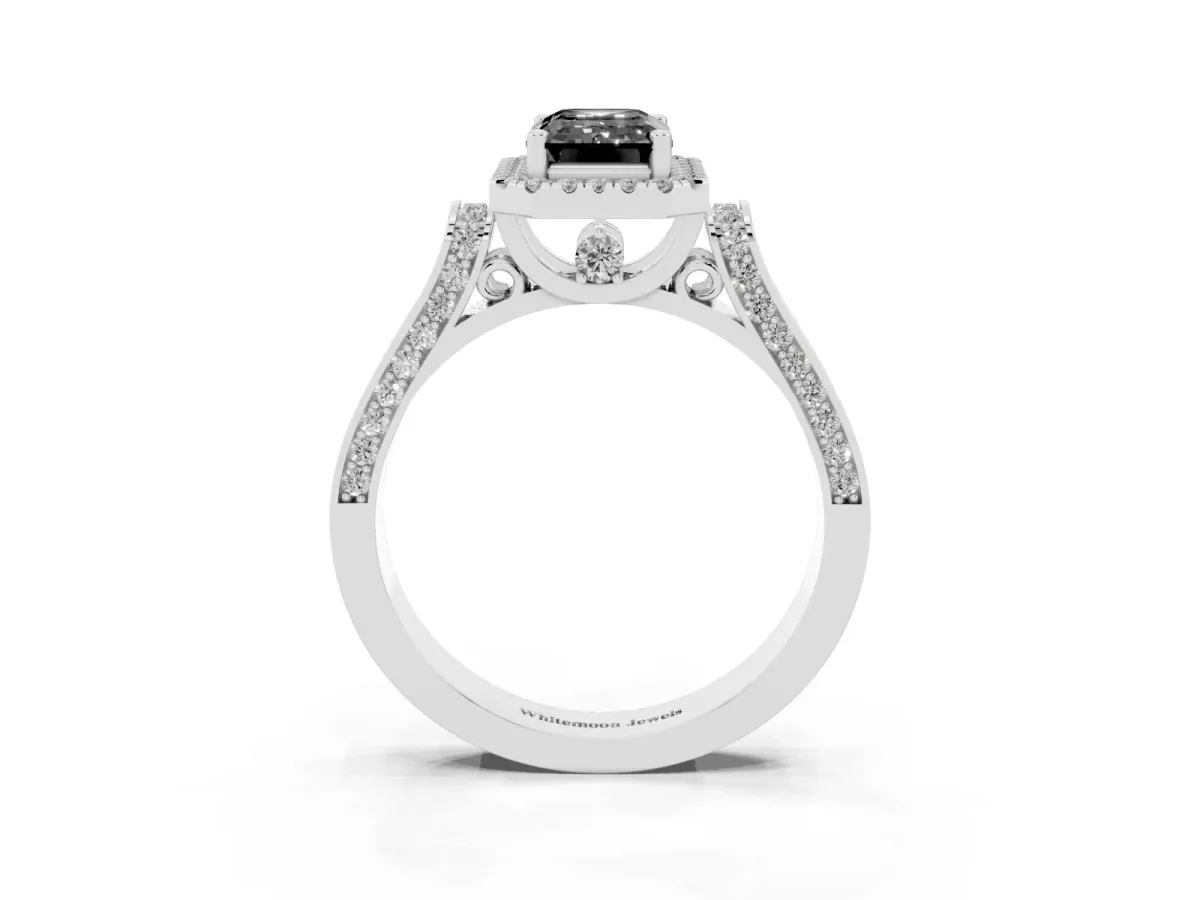 Fancy Black Emerald Cut Halo Round Diamond Twist Band with Four-Prong Setting Silver