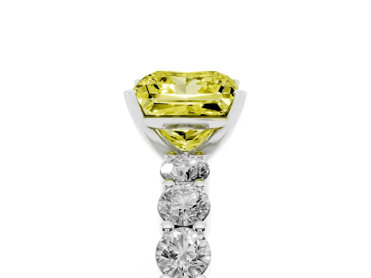 Fancy Yellow Princess Cut Diamond Solitaire Ring with Shared Prong Round Side Stones Platinum