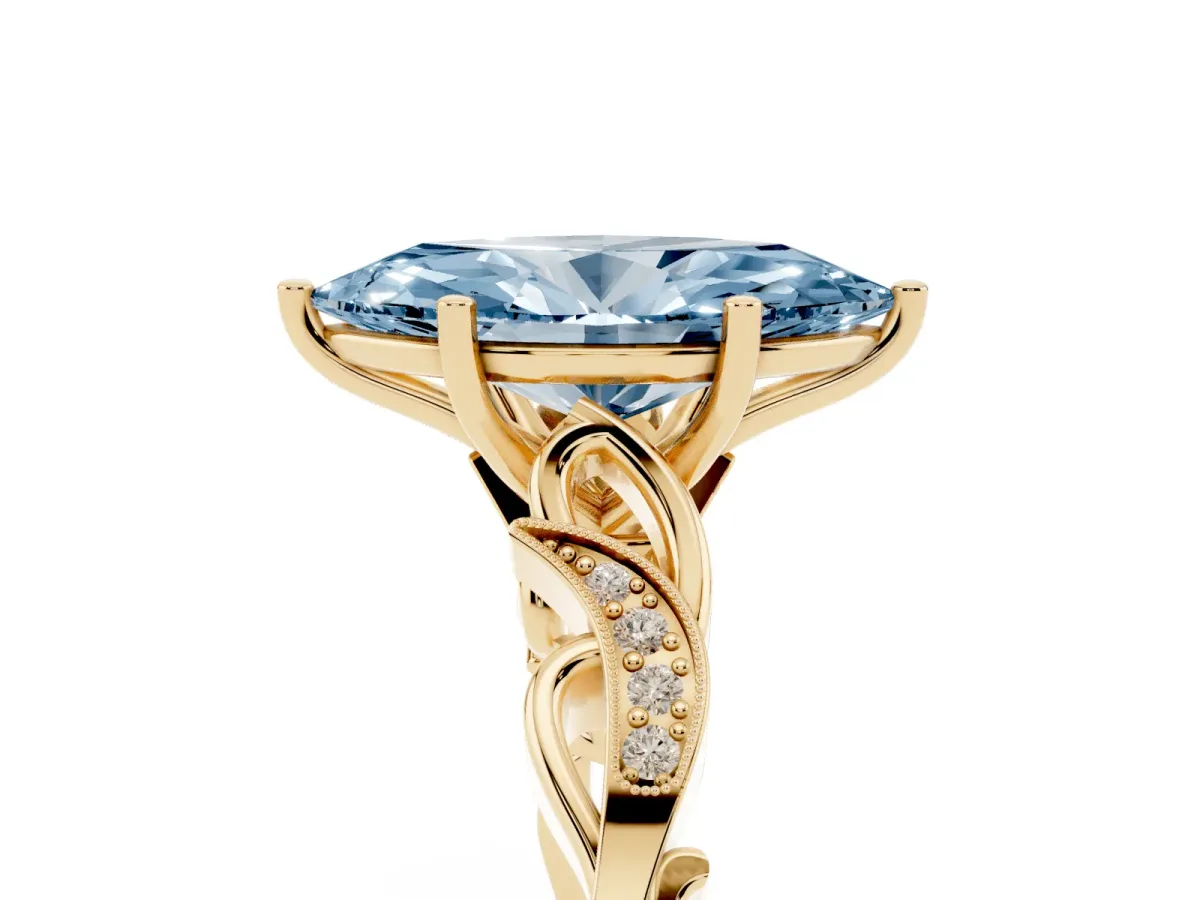 Fancy Blue Marquise Cut Solitaire Vine Band with Milgrain Prong Setting Yellow gold