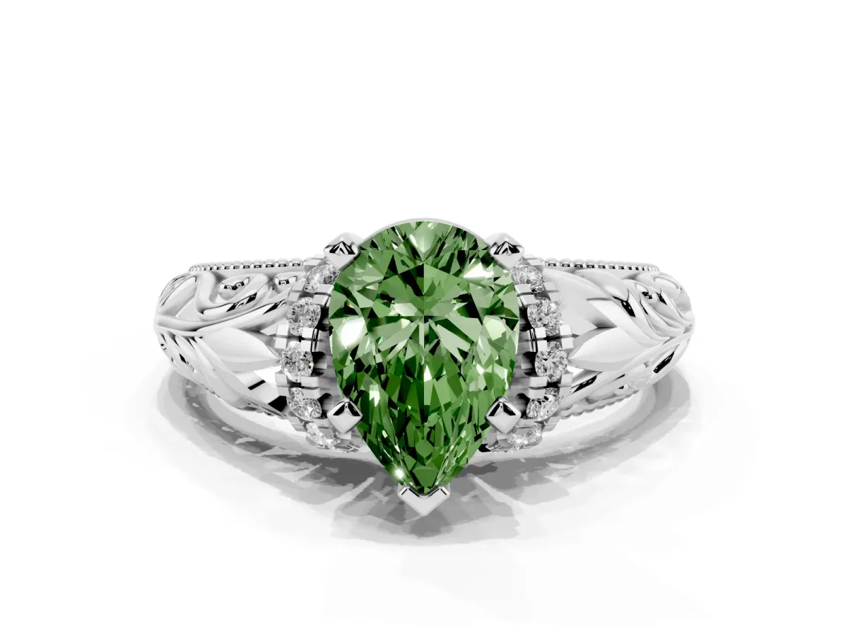 Fancy Green Pear Cut Solitaire Filigree Engagement Ring with Halo and Prong Setting Silver