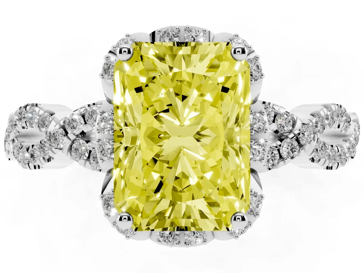 Fancy Yellow Radiant Cut Halo Twist Band Solitaire Ring with Six-Prong Setting Platinum