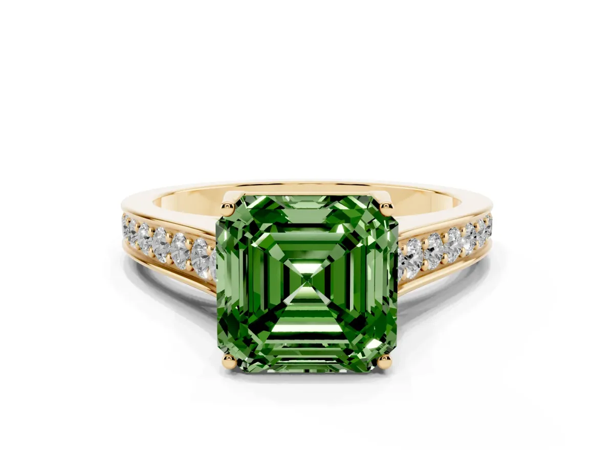 Fancy Green Asscher Cut Brilliant Cut Diamond Engagement Ring with Pavé Band and Four-Prong Setting Yellow gold