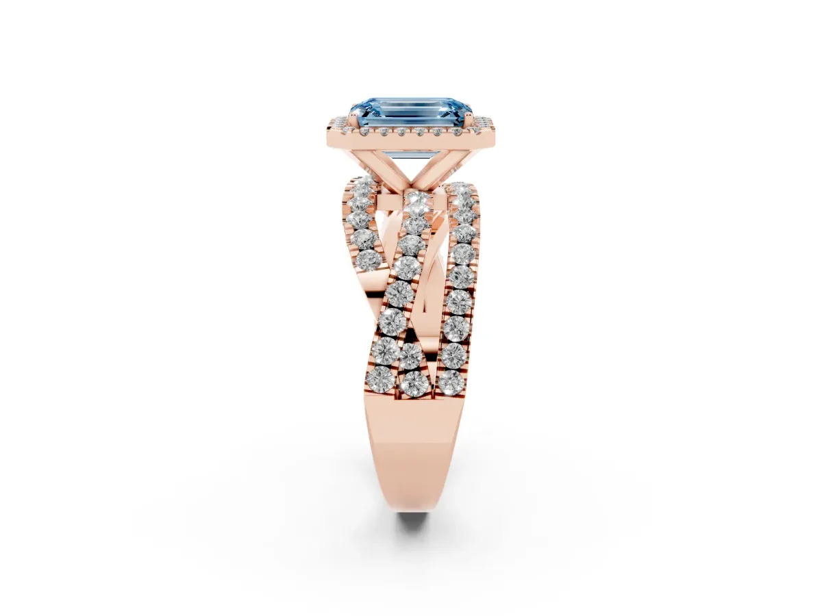 Fancy Blue Emerald Cut Diamond Halo Ring with Round Split Shank and Prong Setting Rose gold