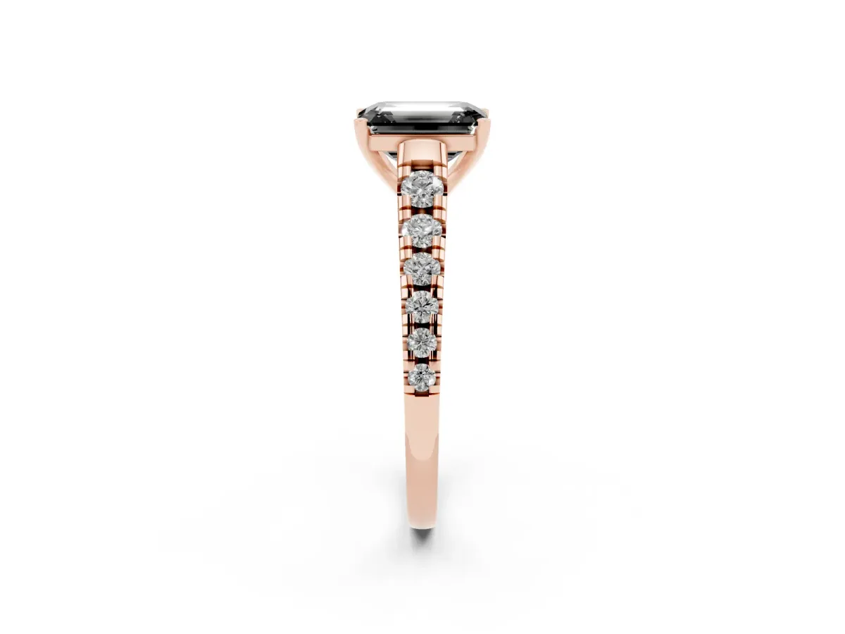 Fancy Black Emerald Cut Diamond Cathedral Solitaire Ring with Round Pavé Band Rose gold
