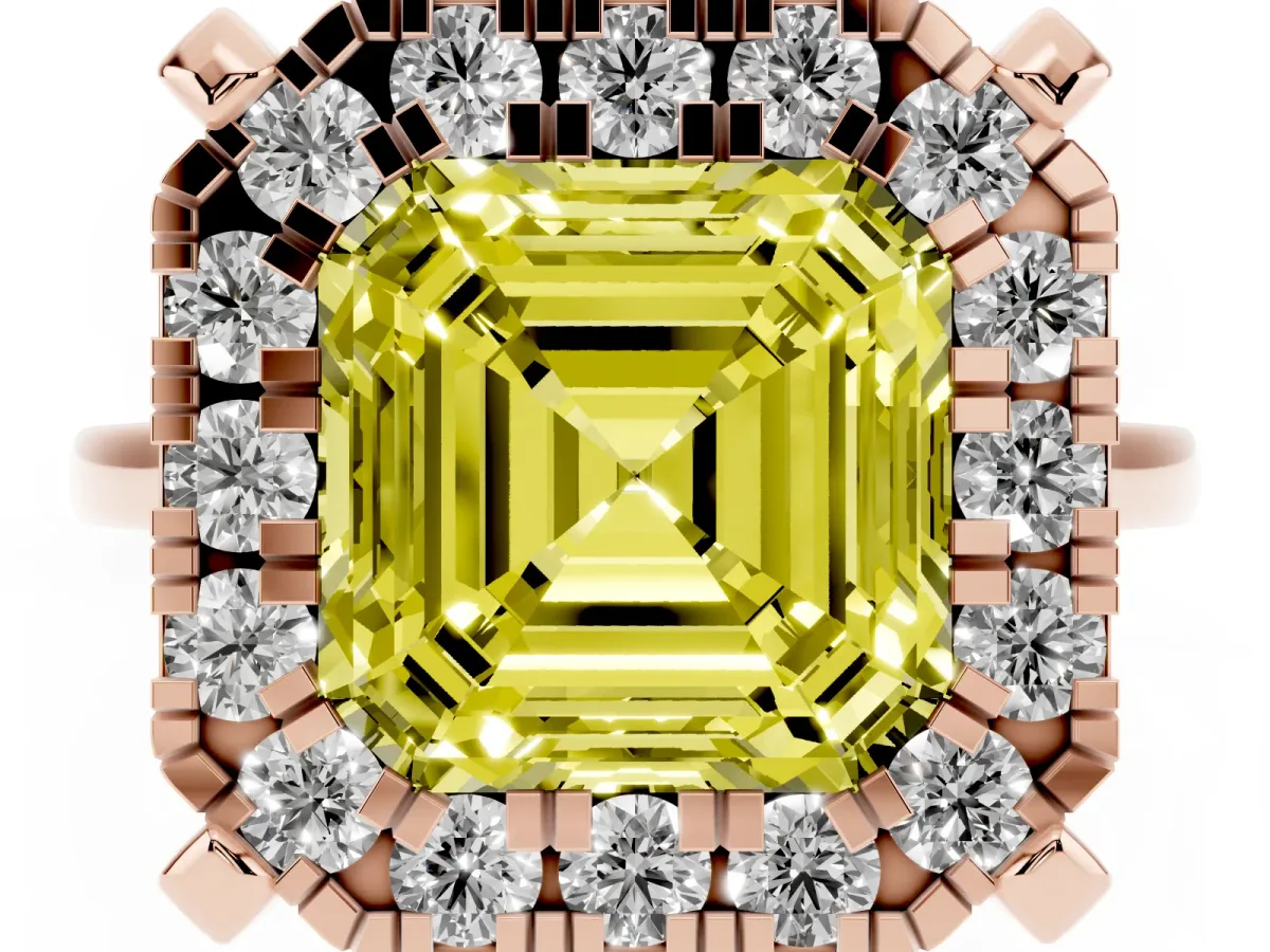 Fancy Yellow Asscher Cut Diamond Cluster Halo Solitaire with Four-Prong Setting Rose gold
