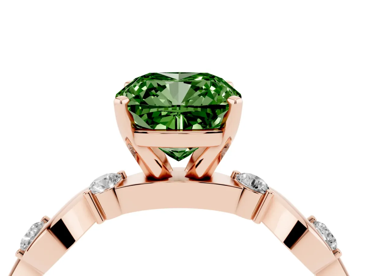 Fancy Green Cushion Cut Diamond Solitaire Twisted Band with Round Accents and Prong Setting Rose gold