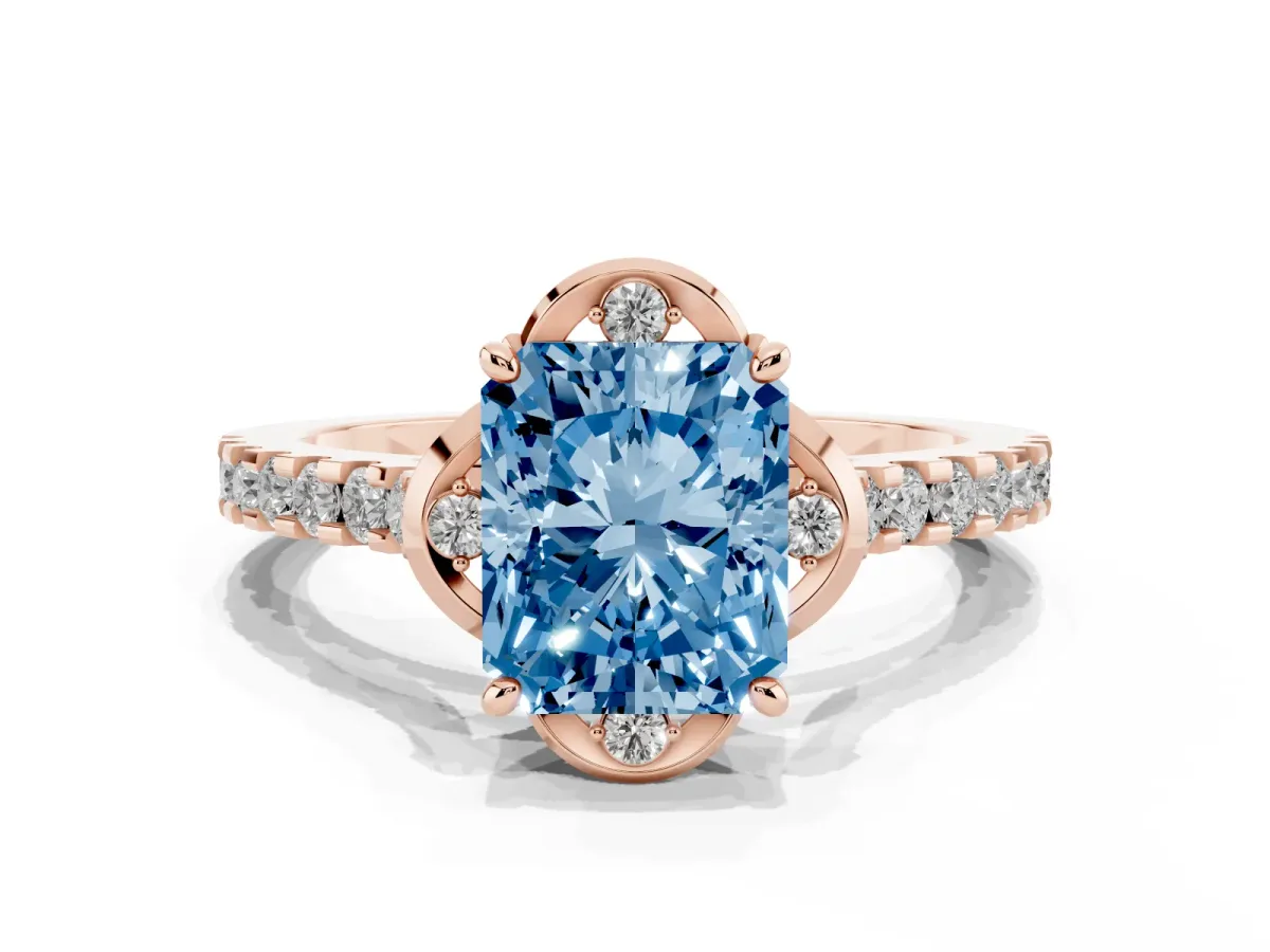 Fancy Blue Radiant Cut Diamond Ring with Pavé Band and Floral Prong Setting Rose gold