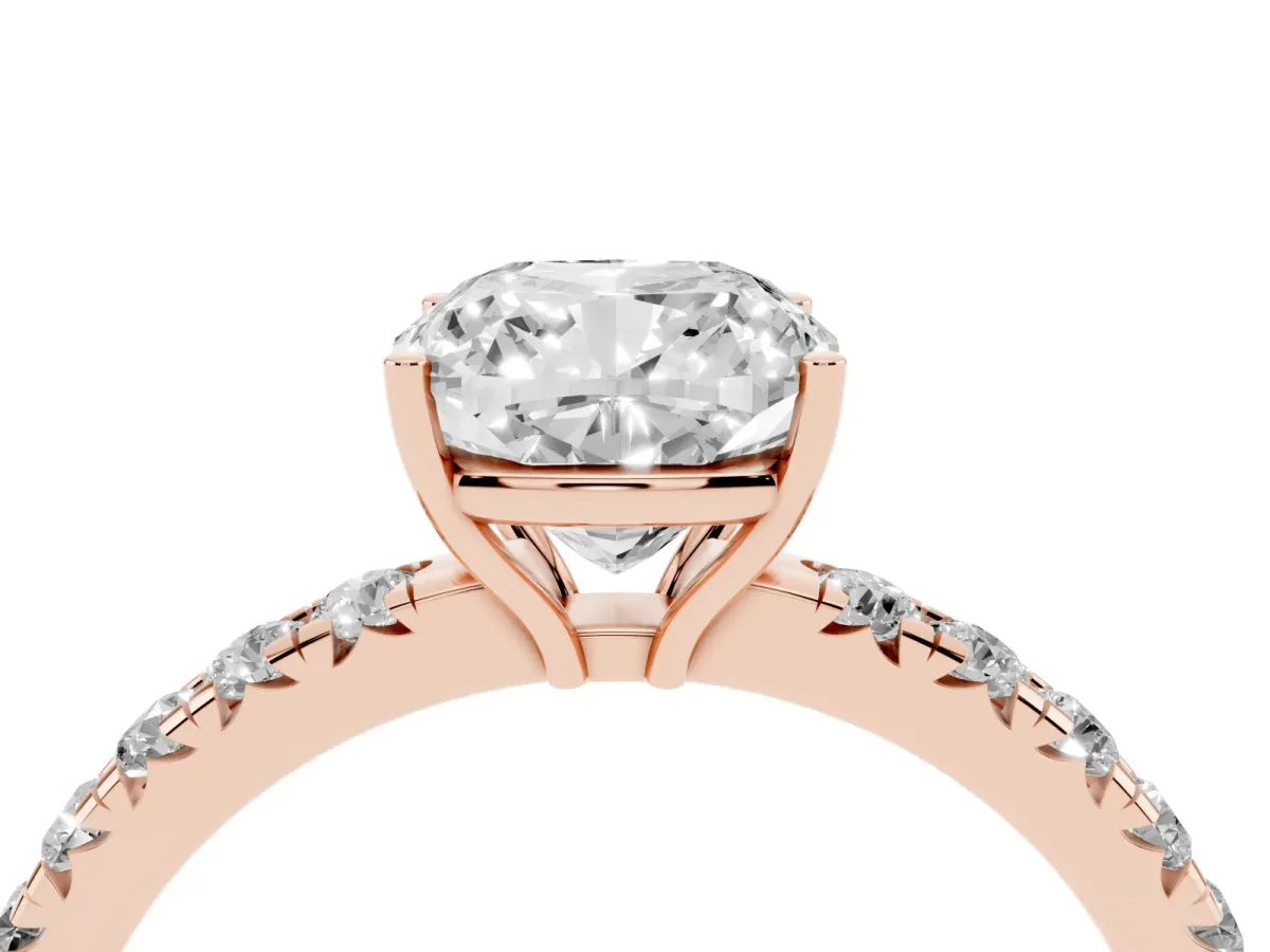 Cushion Cut Diamond Pavé Solitaire Engagement Ring with Four-Prong Setting Rose gold