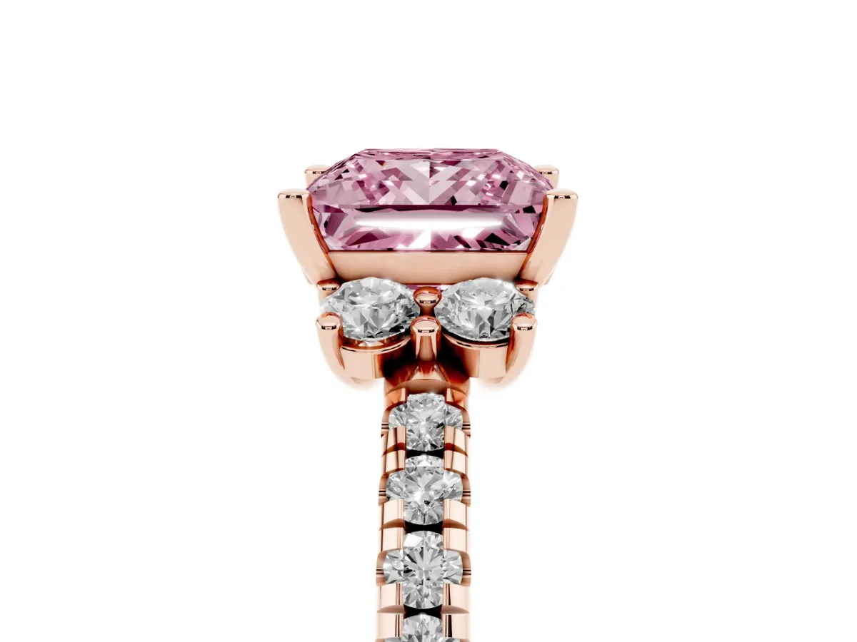 Fancy Pink Princess Cut Diamond Three-Stone Pave Band with Four-Prong Setting Rose gold
