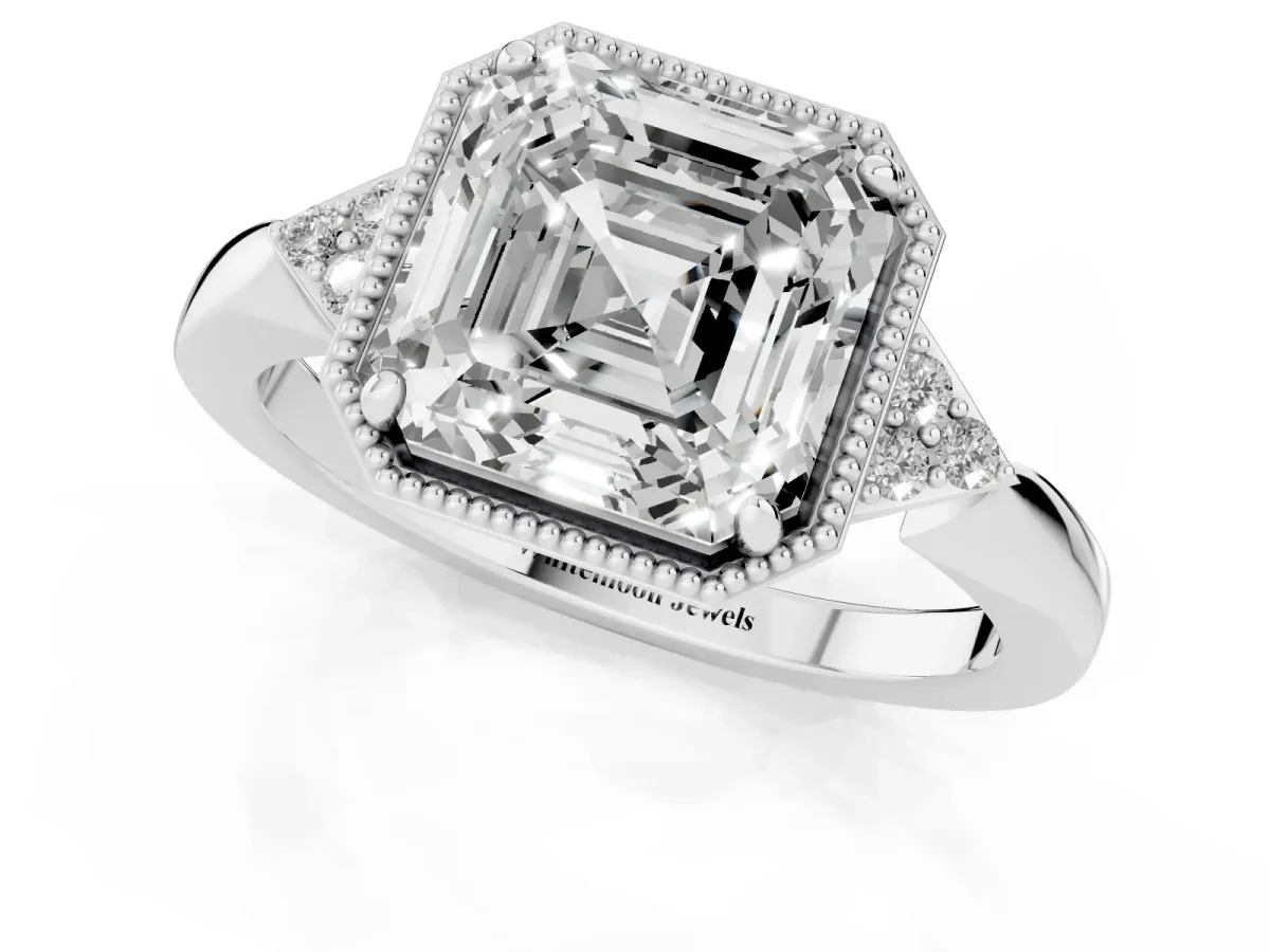 Milgrain Asscher Cut Cut Diamond Ring with Tapered Pave Band and Four Prong Setting White gold