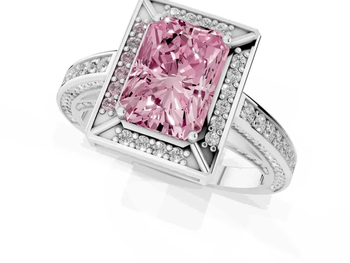 Fancy Pink Radiant Cut Cut Halo Pave Split Shank Prong Setting Ring Silver