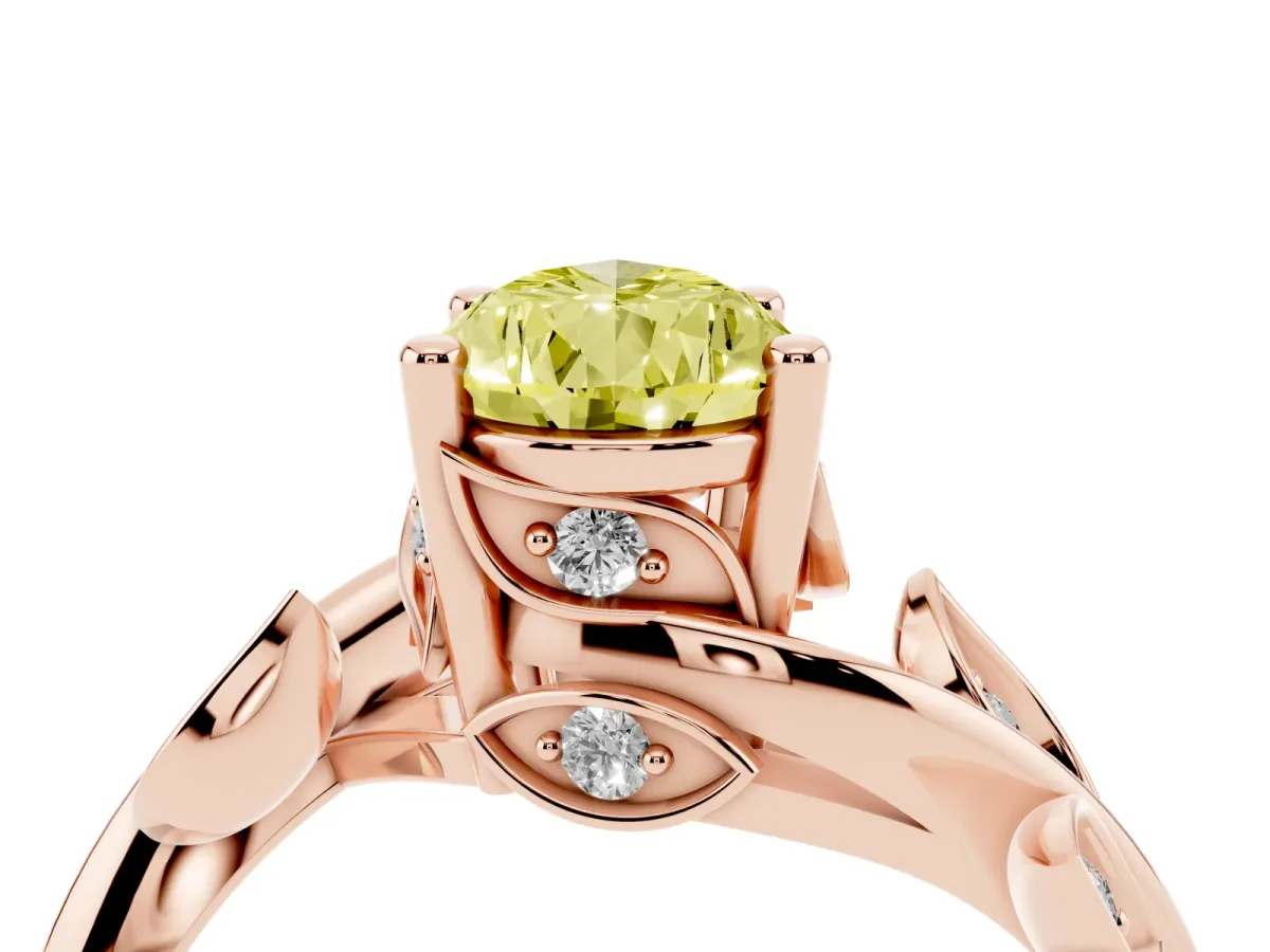 Fancy Yellow Pear Cut Solitaire Twist Engagement Ring with Leaf Accents and Prong Setting Rose gold