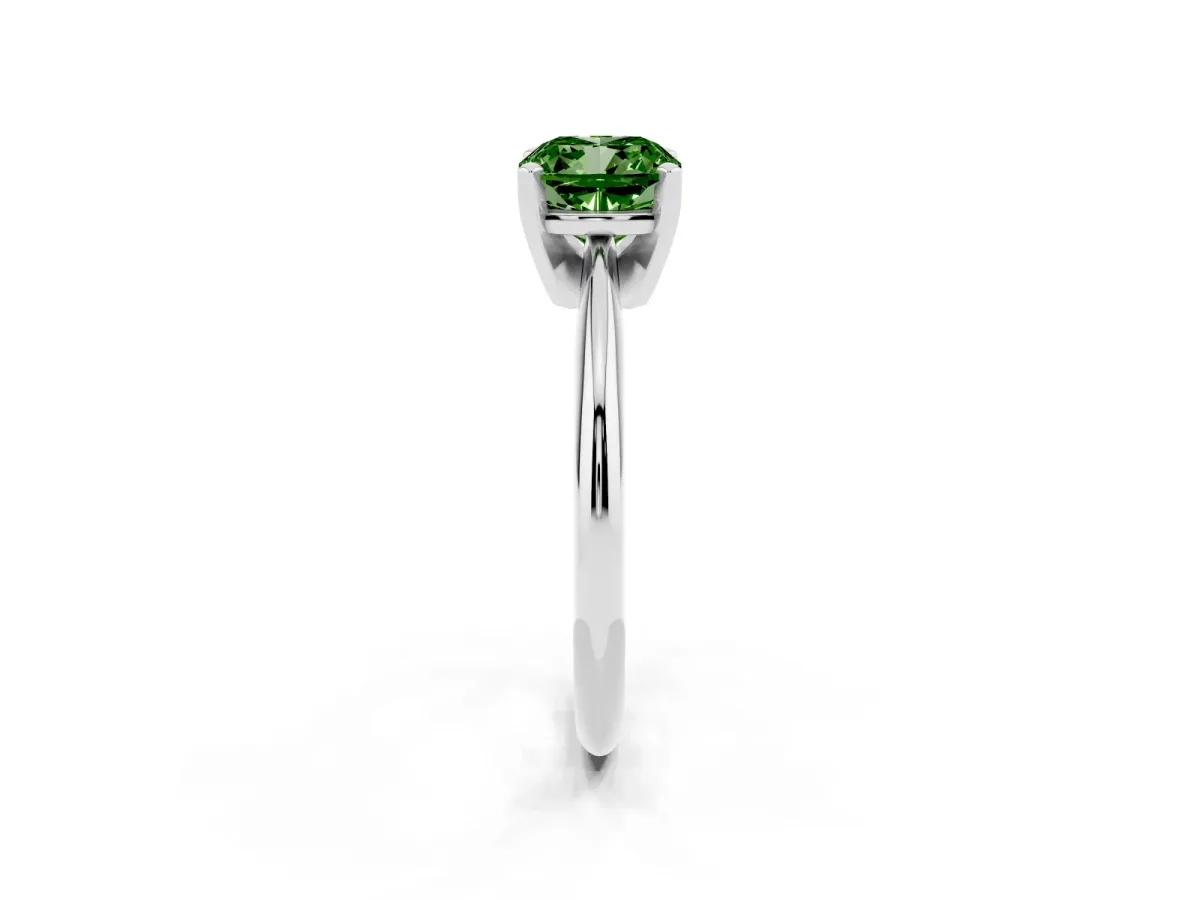 Fancy Green Cushion Cut Cut Solitaire Ring with Four-Prong Setting on a Classic Band Silver