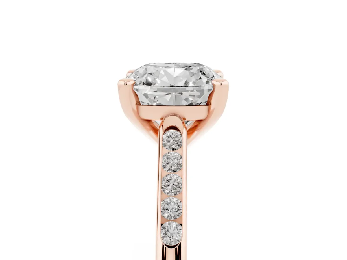 Cushion Cut Diamond Solitaire Ring with Channel Set Round Band and Prong Setting Rose gold