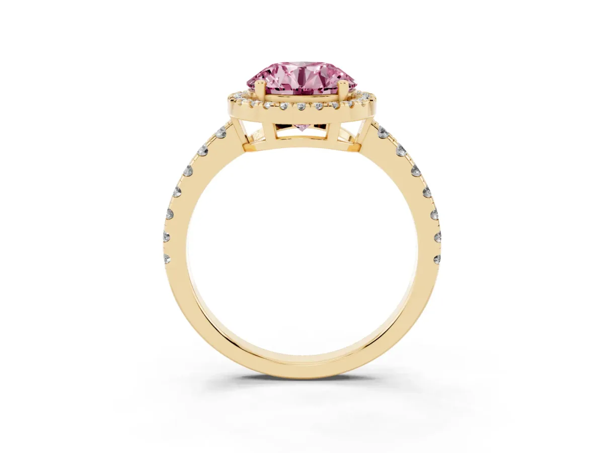 Fancy Pink Round Cut Diamond Halo Ring with Pavé Band and Four-Prong Setting Yellow gold