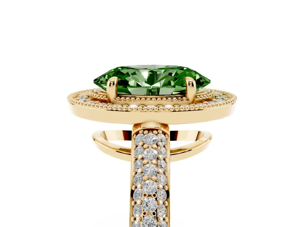 Fancy Green Oval Cut Cut Halo Diamond Pave Band with Four-Prong Setting Yellow gold