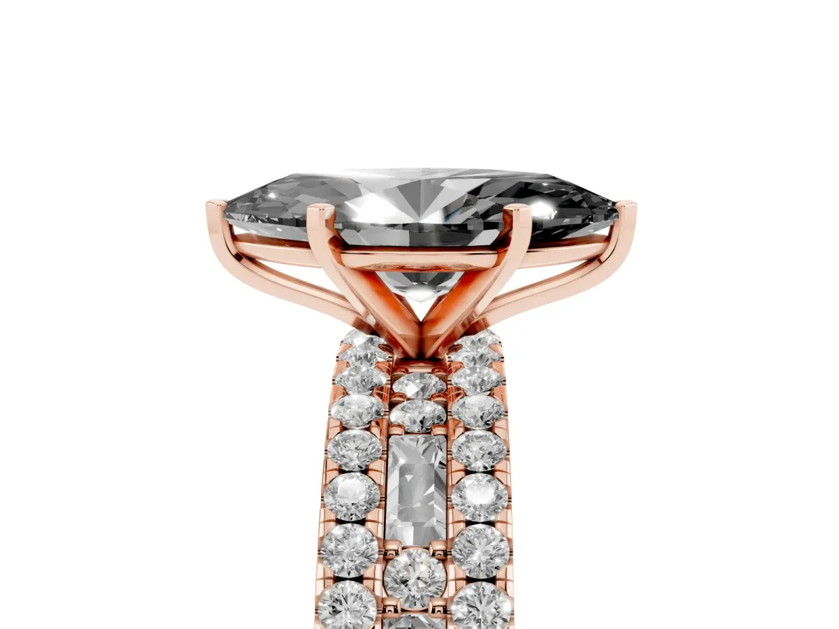 Fancy Black Marquise Cut Diamond Solitaire Ring with Pavé and Channel Set Band Rose gold