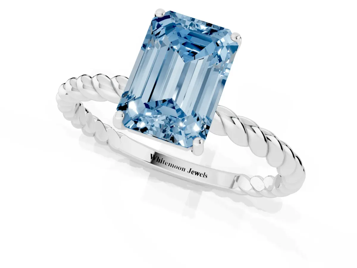 Fancy Blue Emerald Cut Solitaire Twisted Band 4-Prong Ring Silver