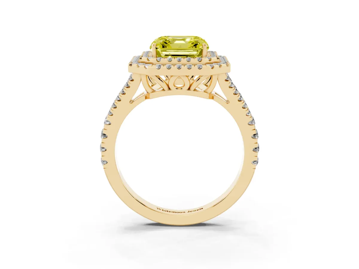 Fancy Yellow Asscher Cut Diamond Double Halo Ring with Pavé Band and Prong Setting Yellow gold