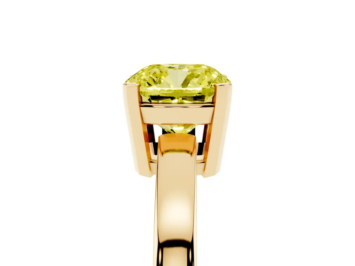 Fancy Yellow Cushion Cut Cut Solitaire Ring with Four-Prong Setting and Classic Band Yellow gold