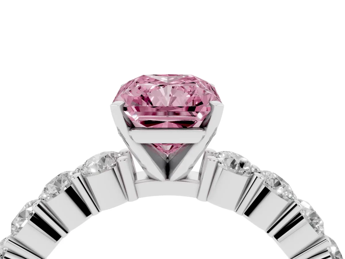 Fancy Pink Radiant Cut Diamond Solitaire Ring with Shared Prong Round Side Stones Platinum