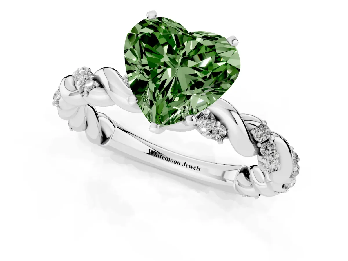 Fancy Green Heart Cut Diamond Solitaire Ring with Twisted Band and Pavé Accents Silver