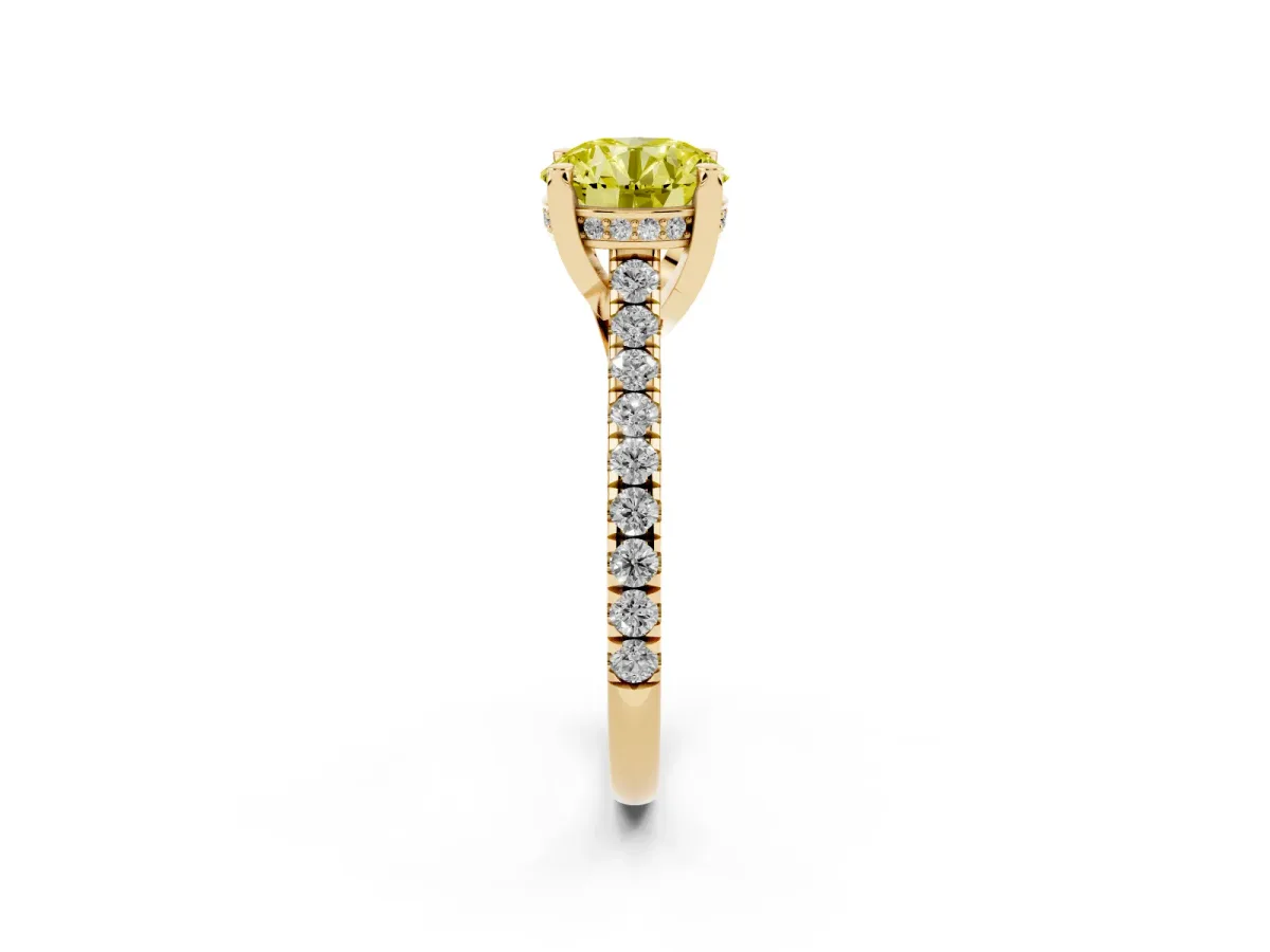 Fancy Yellow Round Cut Brilliant Diamond Solitaire with Pavé Band and Four-Prong Setting Yellow gold