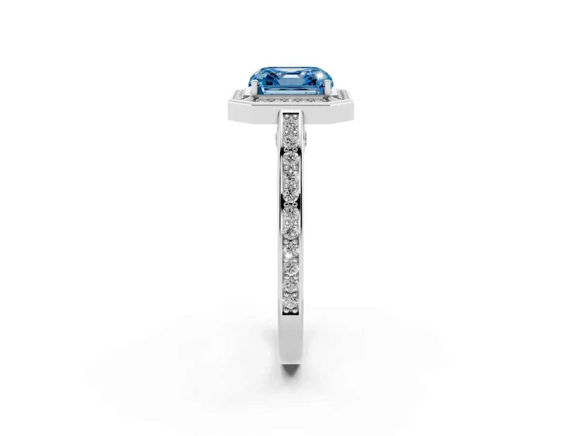 Fancy Blue Asscher Cut Cut Halo Pave Split Shank Prong Setting Ring Platinum
