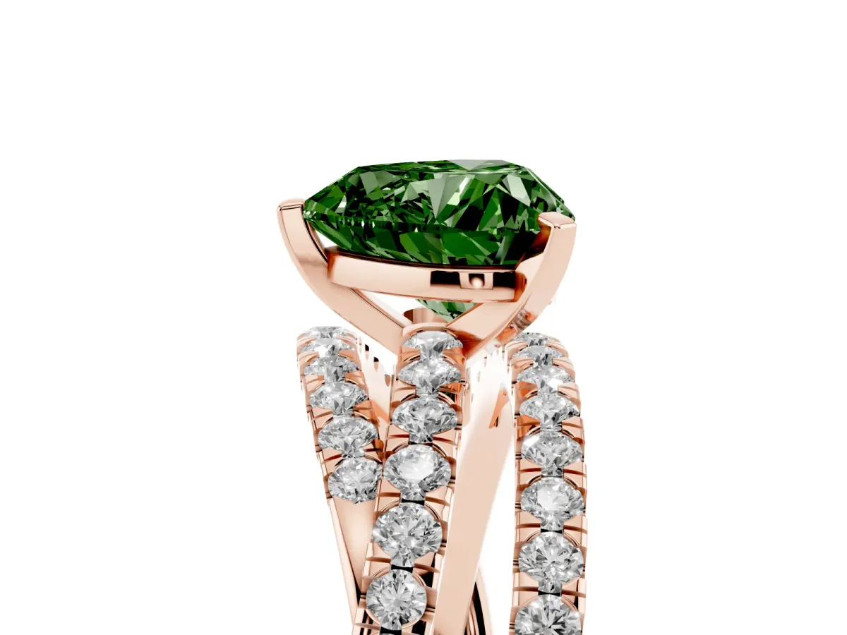 Fancy Green Heart Cut Solitaire Twist Band with Pavé Setting and Four-Prong Setting Rose gold