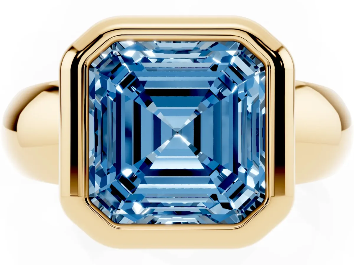 Fancy Blue Bezel Set Asscher Cut Solitaire Ring with Wide Band Yellow gold