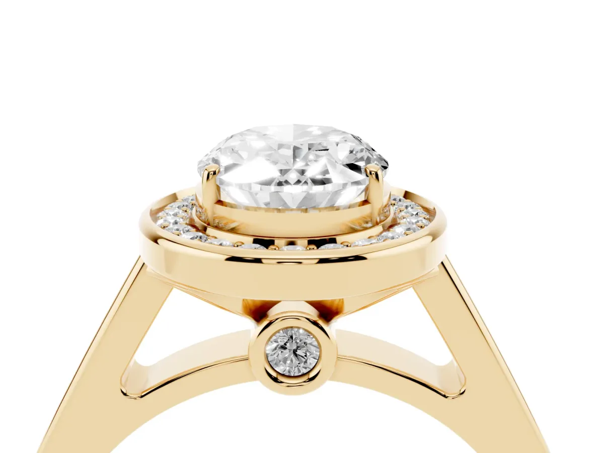 Oval Cut Halo Solitaire Diamond Ring with Pave Band and Bezel Setting Yellow gold