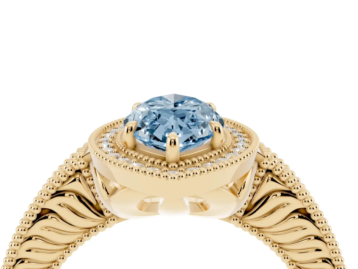 Fancy Blue Marquise Cut Cut Halo Diamond Ring with Pavé Band and Four-Prong Setting Yellow gold