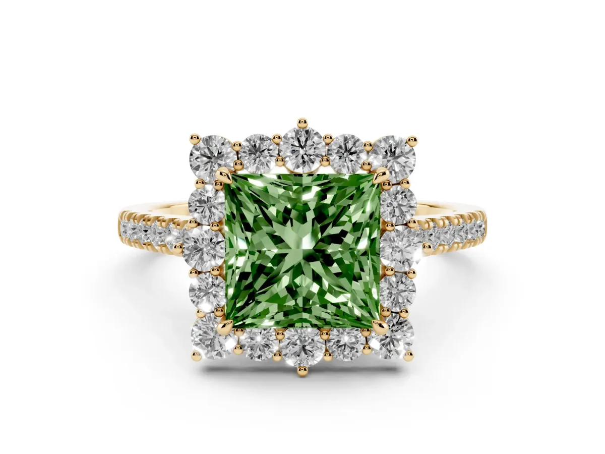 Fancy Green Princess Cut Halo Diamond Ring with Pavé Band and Prong Setting Yellow gold