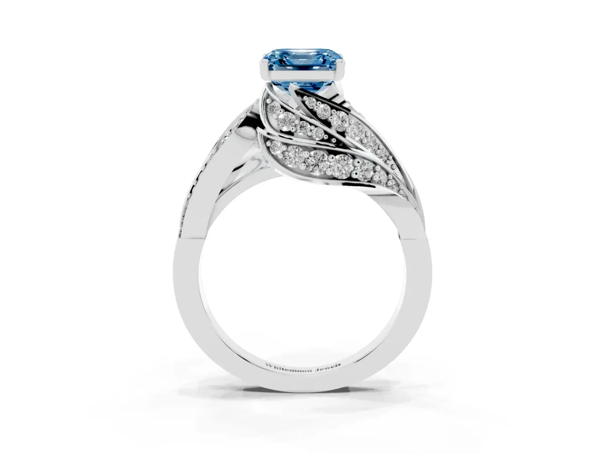 Fancy Blue Asscher Cut Diamond Solitaire Ring with Prong Setting and Twisted Pavé Band Silver