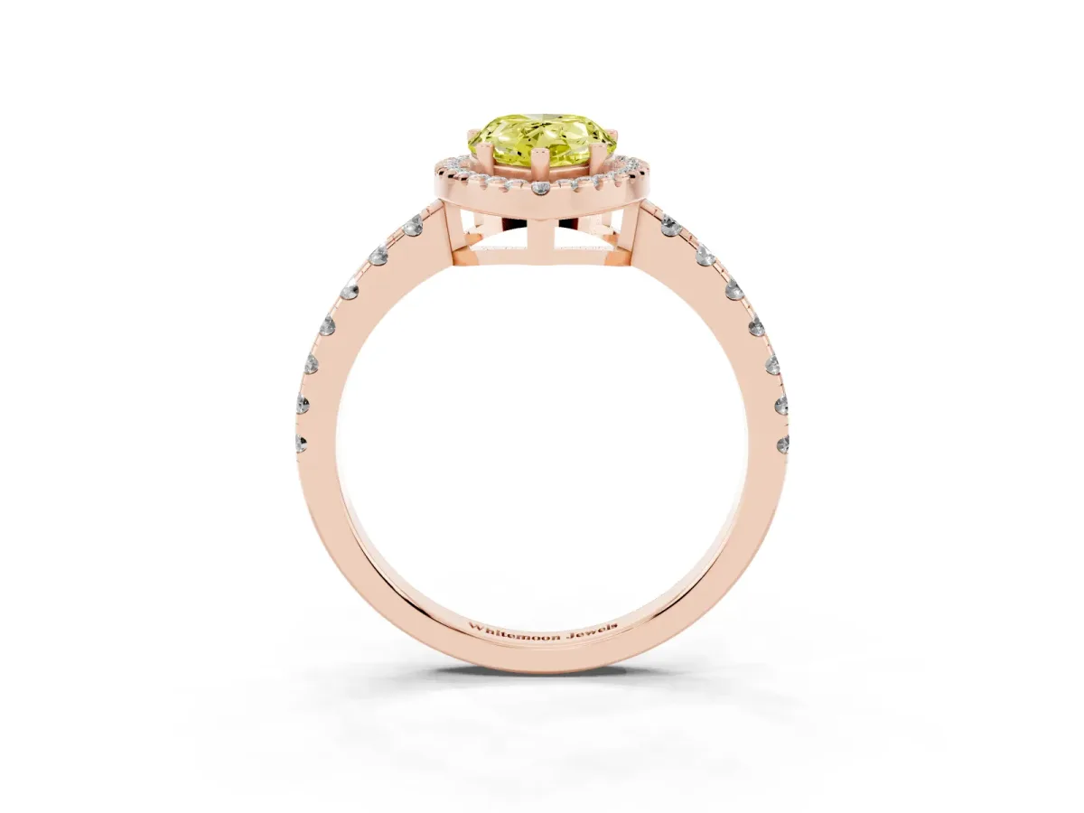Fancy Yellow Pear Cut Diamond Halo Ring with Pavé Band and Four-Prong Setting Rose gold