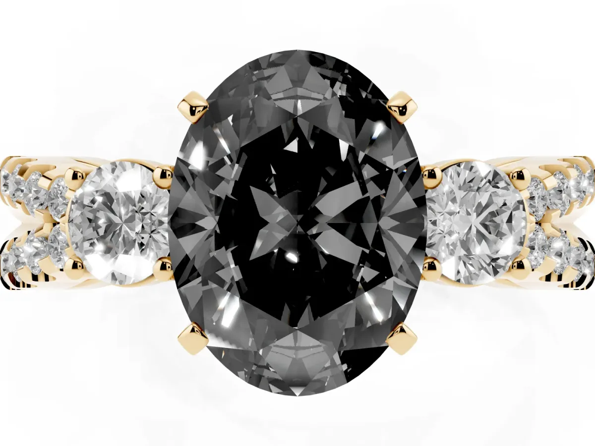 Fancy Black Oval Cut Diamond Three-Stone Ring with Pavé Split Shank and Four-Prong Setting Yellow gold