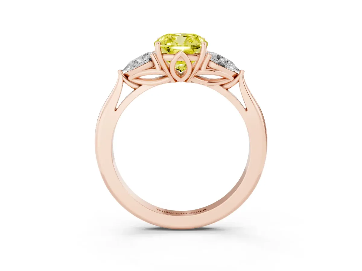 Fancy Yellow Three-Stone Cushion Cut Diamond Ring with Pear Side Stones in Four-Prong Setting Rose gold
