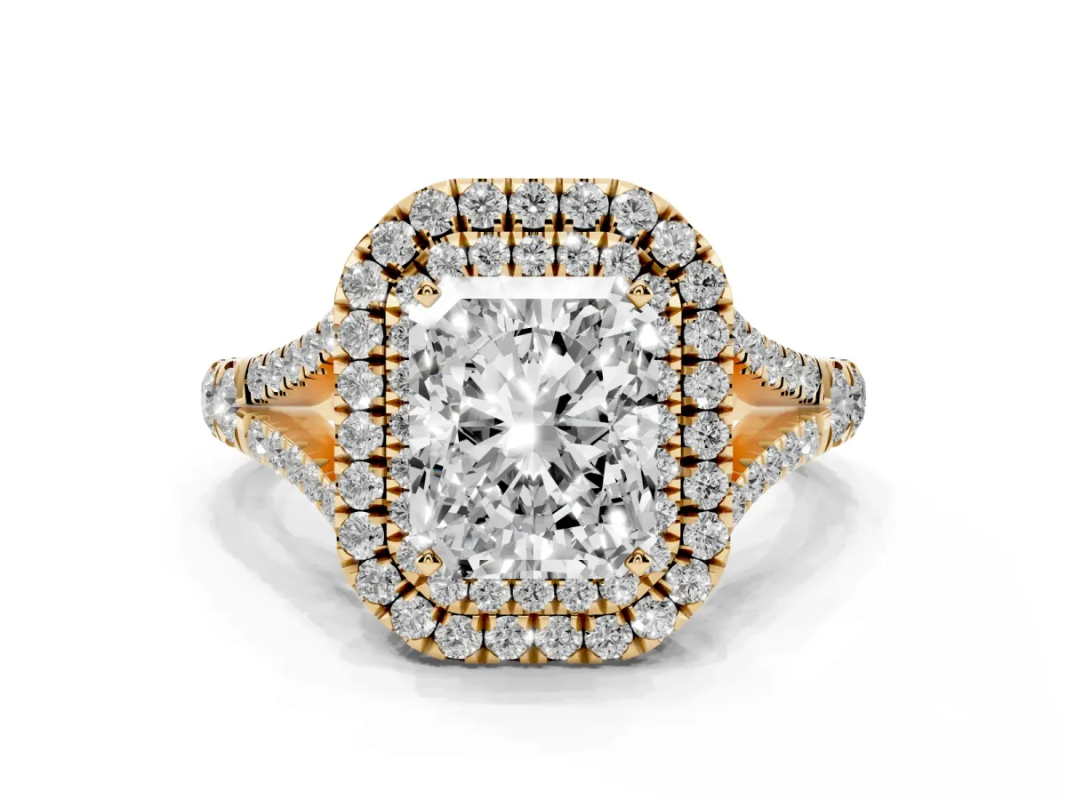 Radiant Cut Diamond Pavé Split Shank Double Halo Engagement Ring Yellow gold