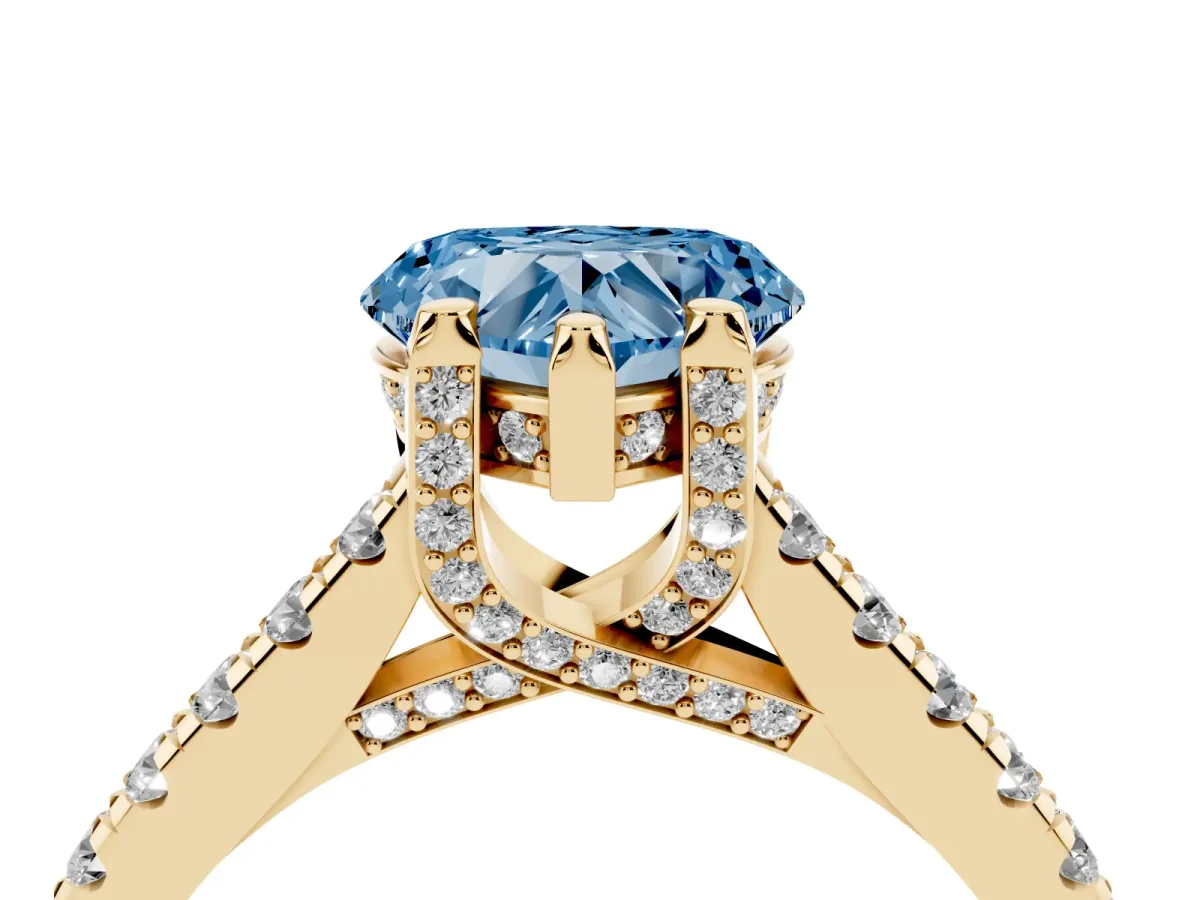 Fancy Blue Heart Cut Brilliant Diamond Solitaire with Pavé Band and Four-Prong Setting Yellow gold