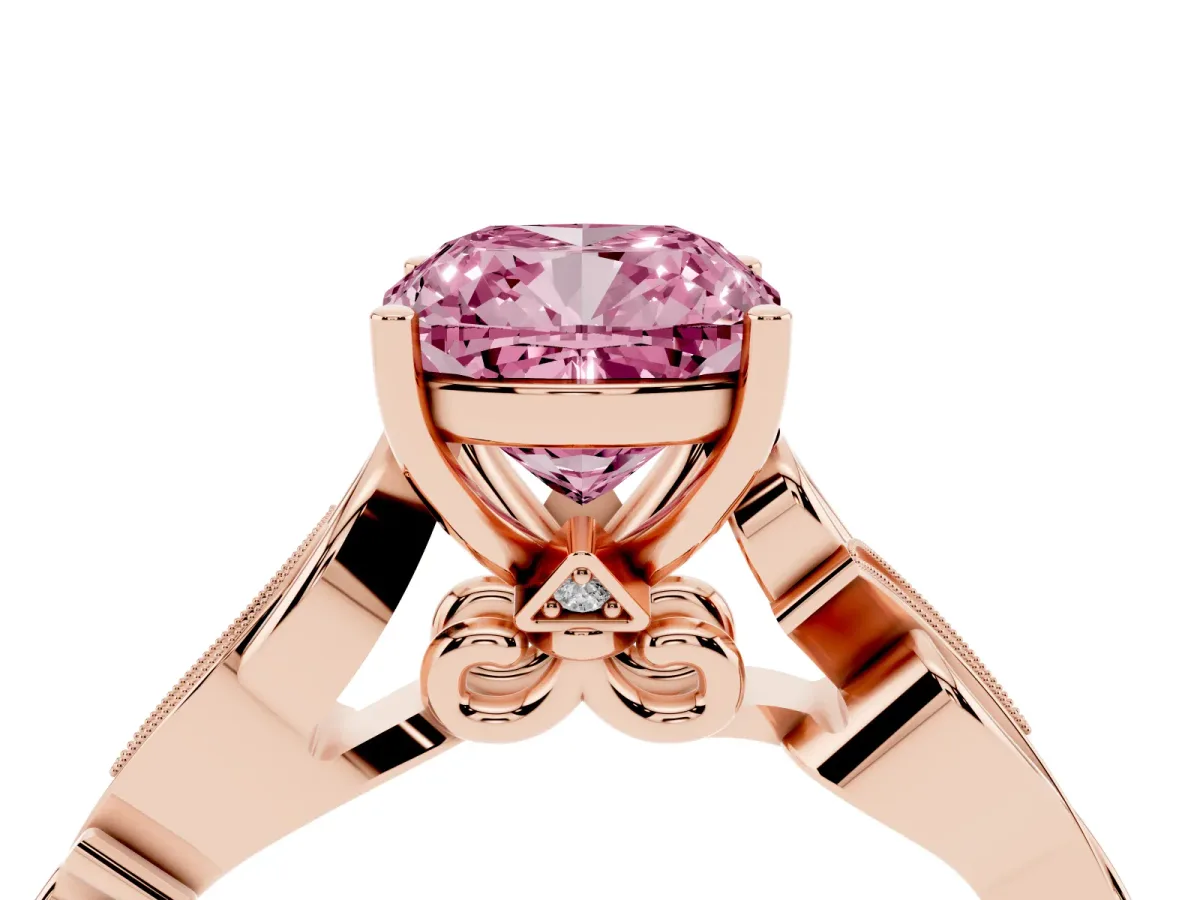 Fancy Pink Cushion Cut Solitaire Vine Band with Milgrain Prong Setting Rose gold