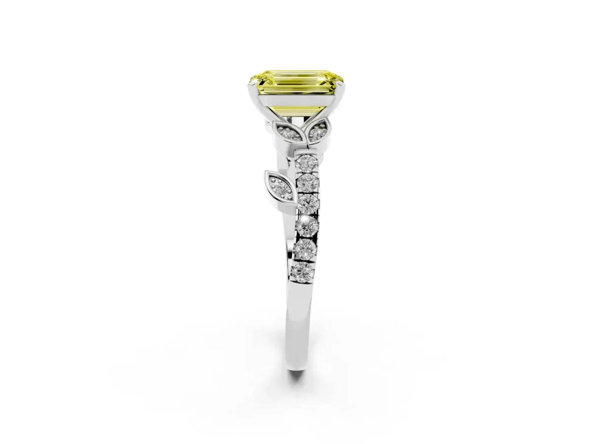 Fancy Yellow Emerald Cut Solitaire Leaf-Inspired Diamond Ring with Pavé Band and Four-Prong Setting Silver