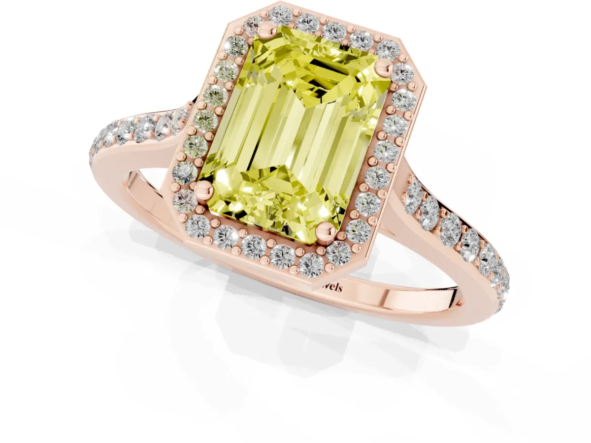Fancy Yellow Emerald Cut Diamond Halo Engagement Ring with Round Pavé Shoulders and Prong Setting Rose gold