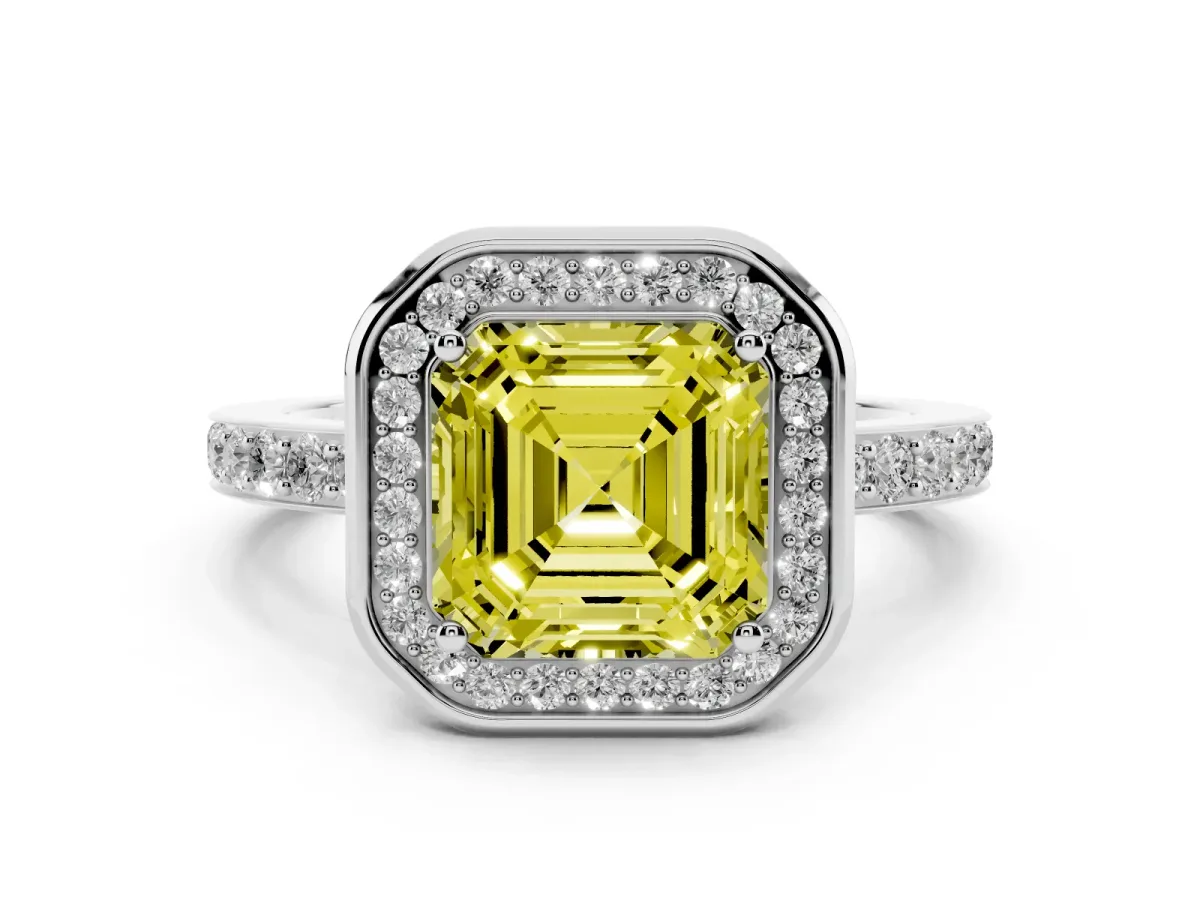 Fancy Yellow Asscher Cut Diamond Halo Ring with Bezel Frame and Pavé Band Silver