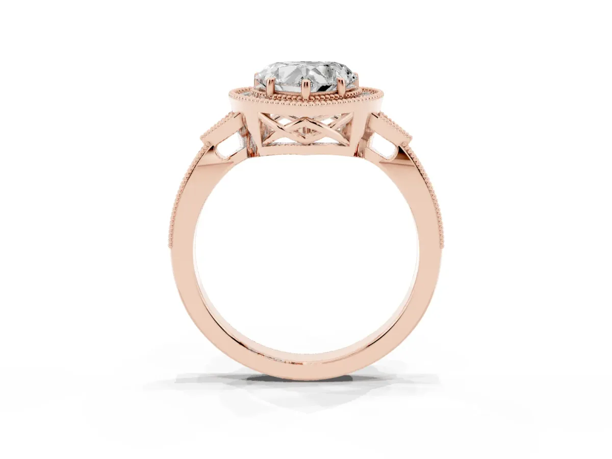 Heart Cut Halo Round Diamond Milgrain Pave Engagement Ring Rose gold