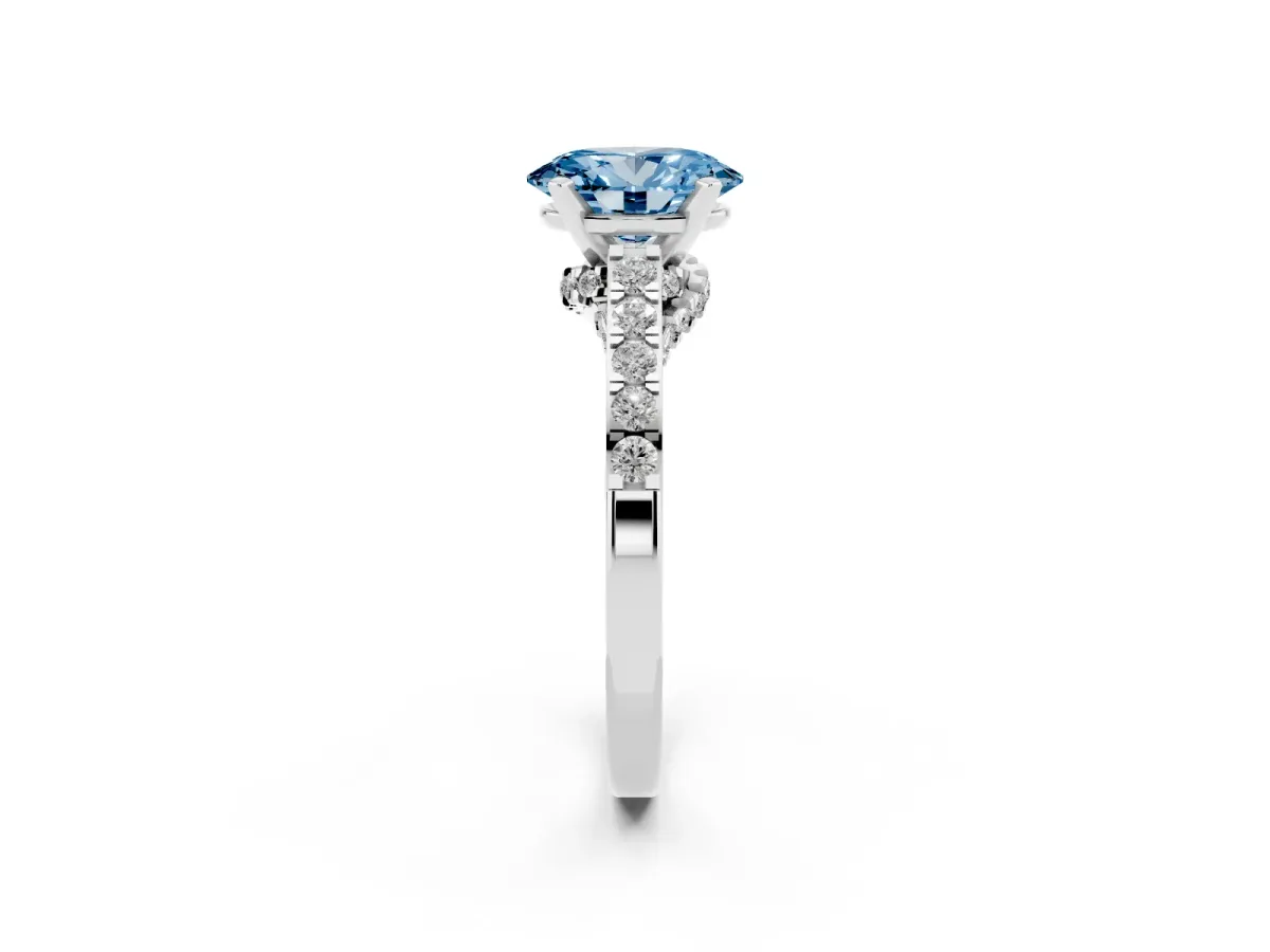 Fancy Blue Oval Cut Diamond Solitaire Ring with Crossover Gallery and Round Pavé Band Silver