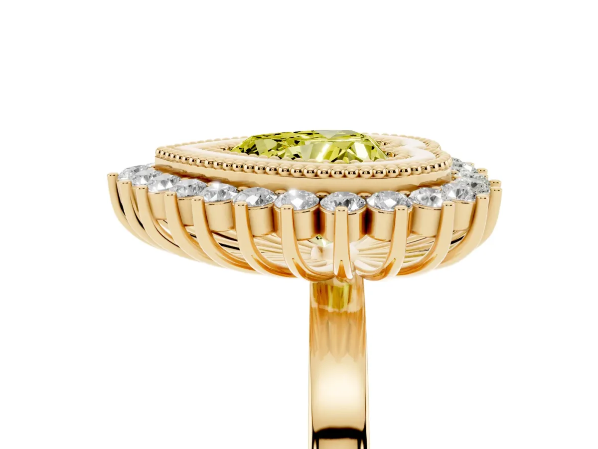 Fancy Yellow Heart Cut Halo Diamond Ring with Milgrain Edge and Round Prong Setting Yellow gold