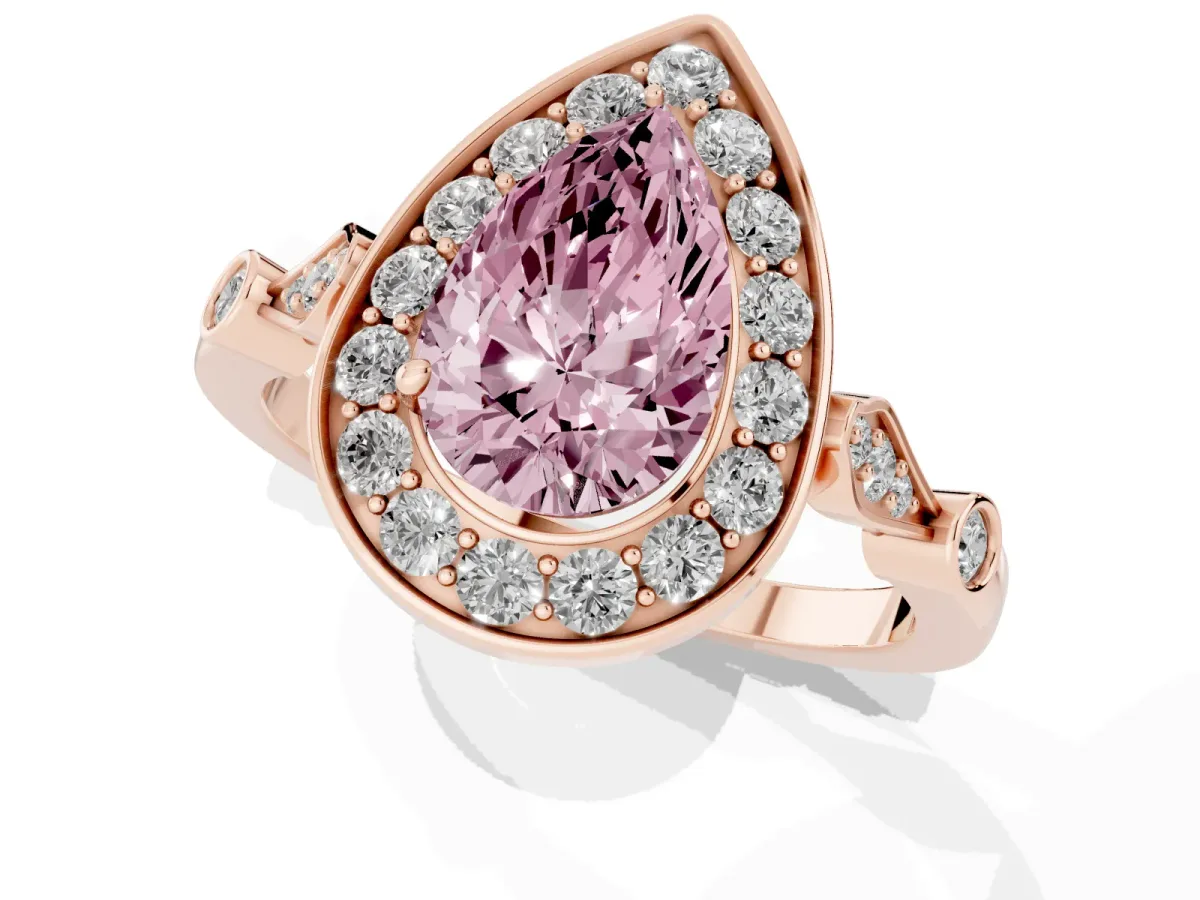 Fancy Pink Pear Cut Halo Diamond Engagement Ring with Twisted Band and Four-Prong Setting Rose gold